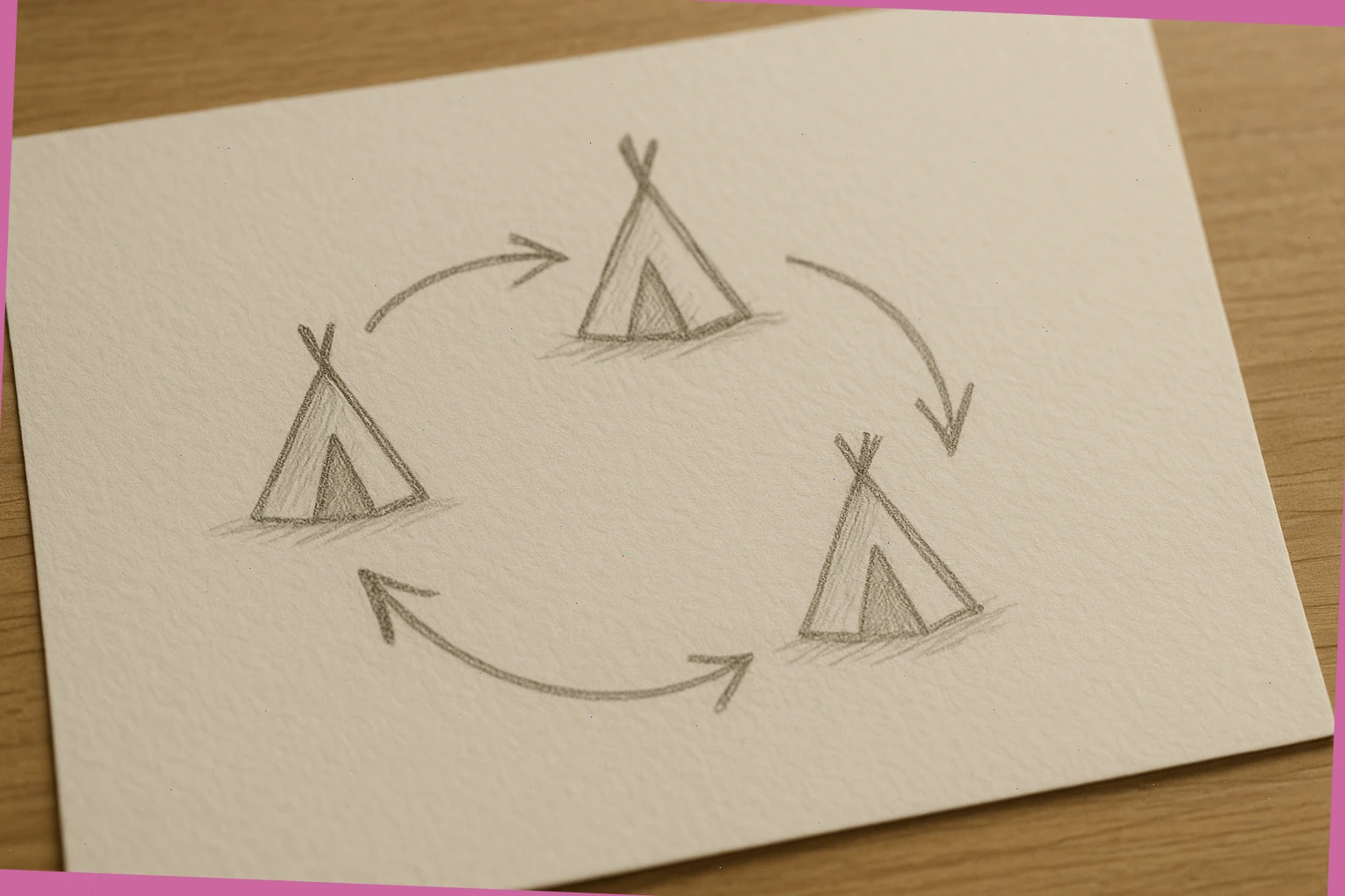 Pencil sketch of a gentle three-tent festival route with arrows for pacing