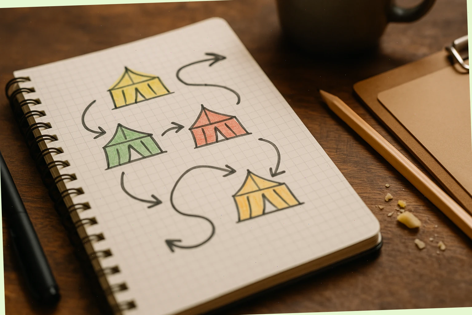 Hand-drawn festival map with highlighted tents and arrows
