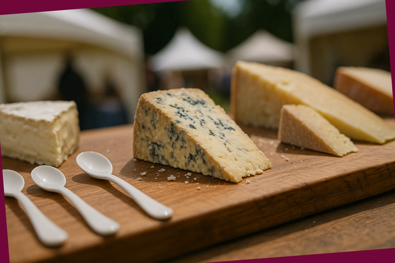 Tasting spoons beside a soft cheese board