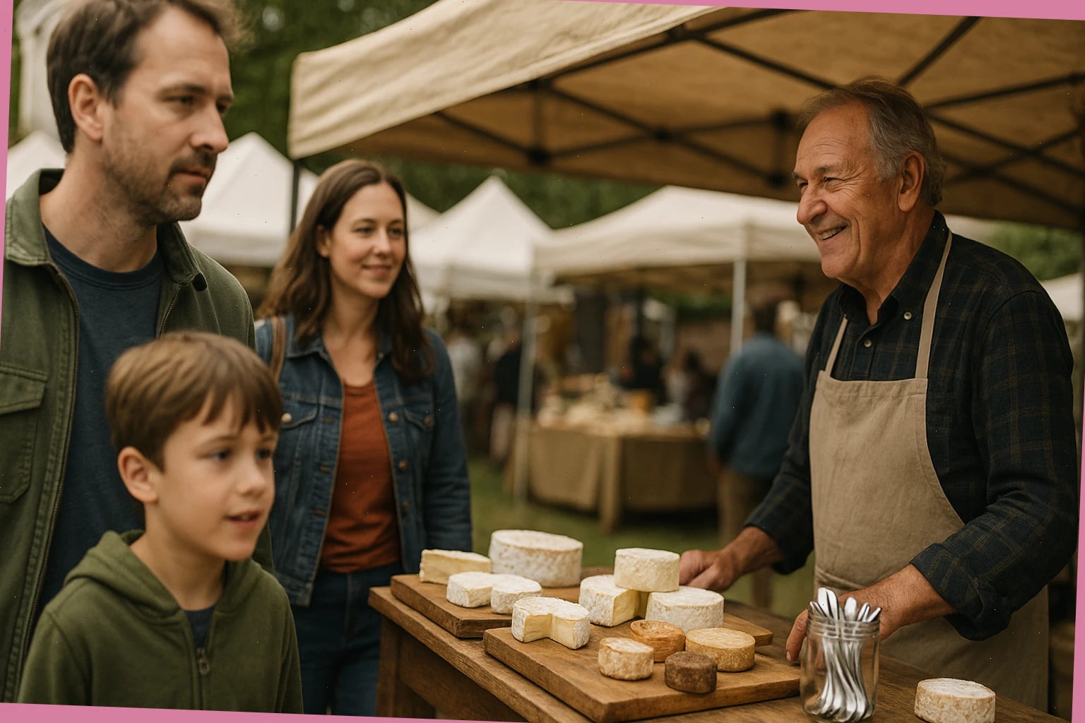Family walking past a stall with soft cheeses and spoons