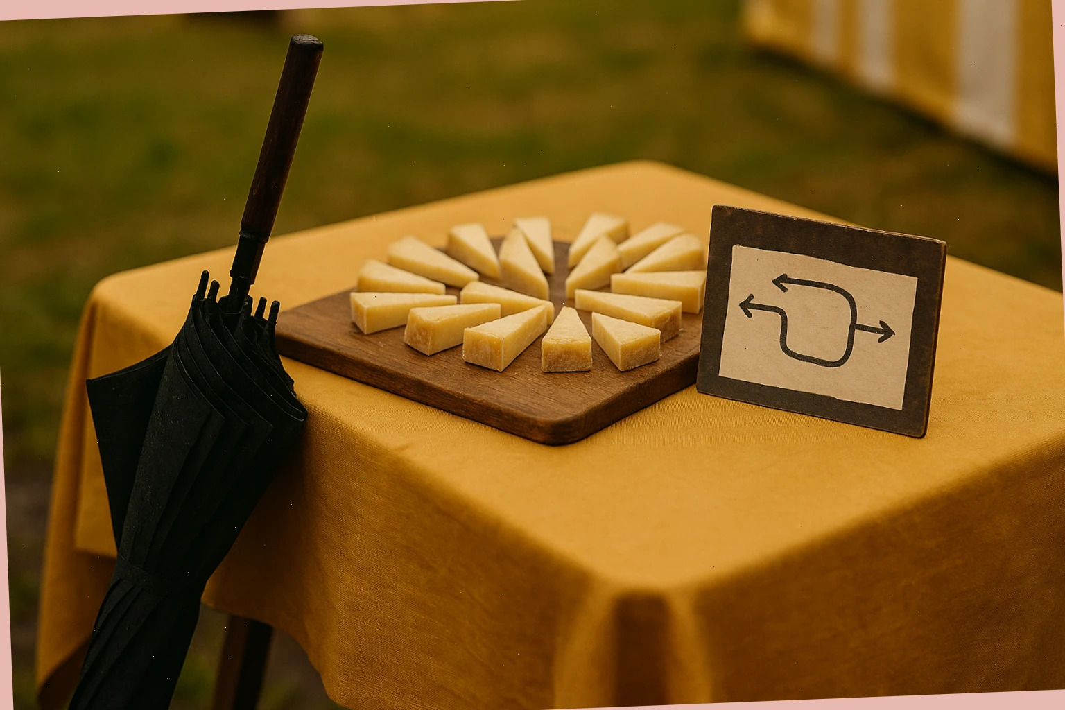 Umbrella near a board of wedges with a simple route drawn